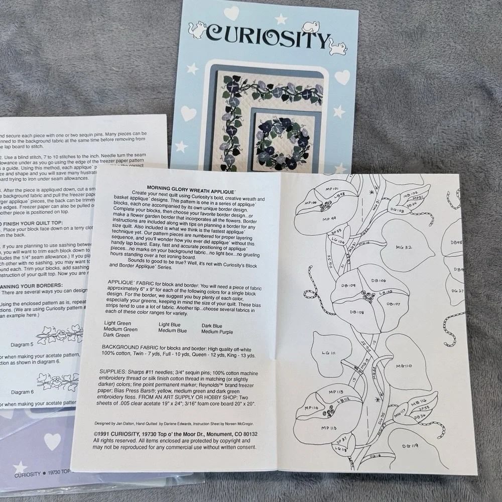 Lot 3 Vintage Quilt Patterns Floral Applique Pansy Morning Glory Wreath 1990s
